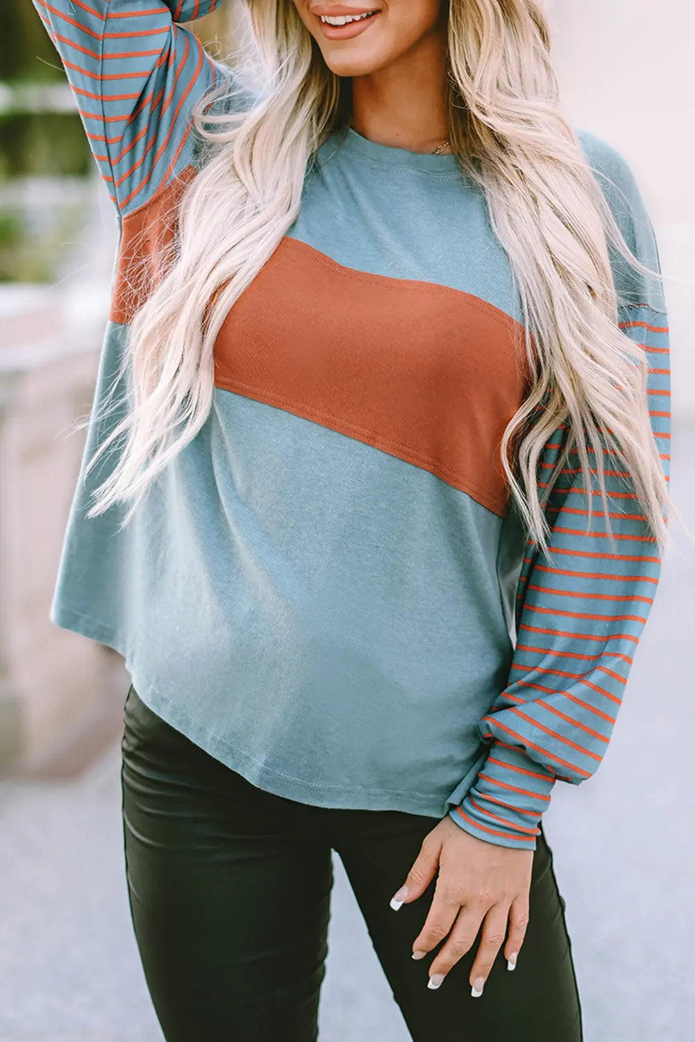 Green Colorblock Striped Bishop Sleeve Top Dear-Lover Dropshipping