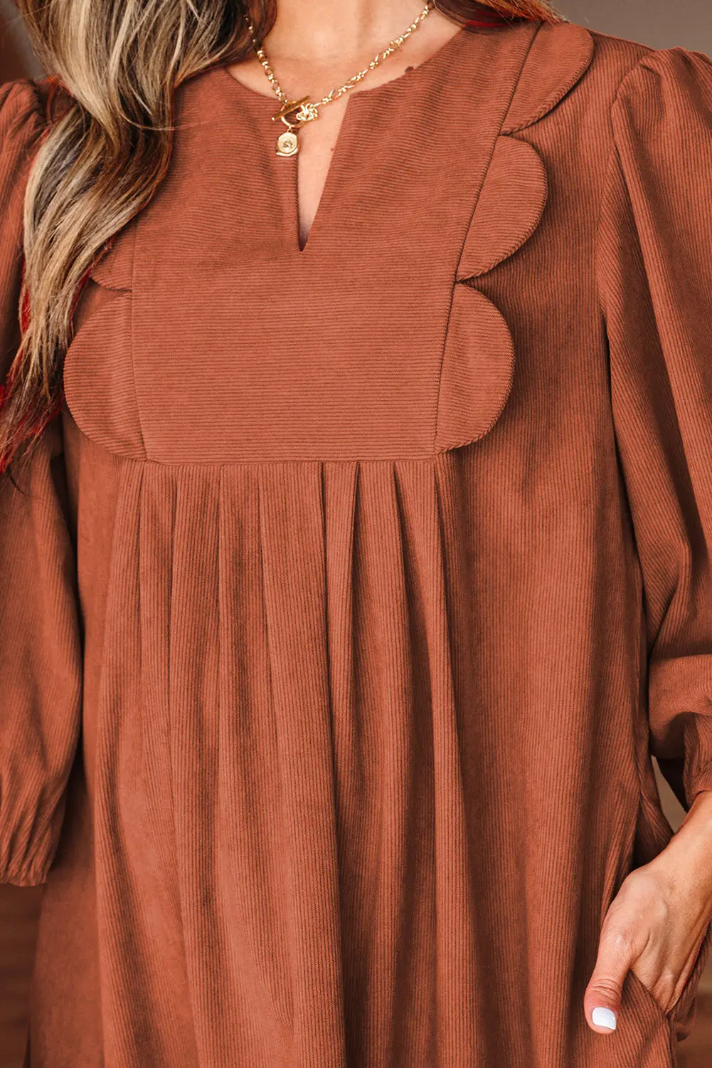 Cinnamon Bracelet Sleeve Split Neck Scallop Detail Pleated Corduroy Mini Dress Markonline