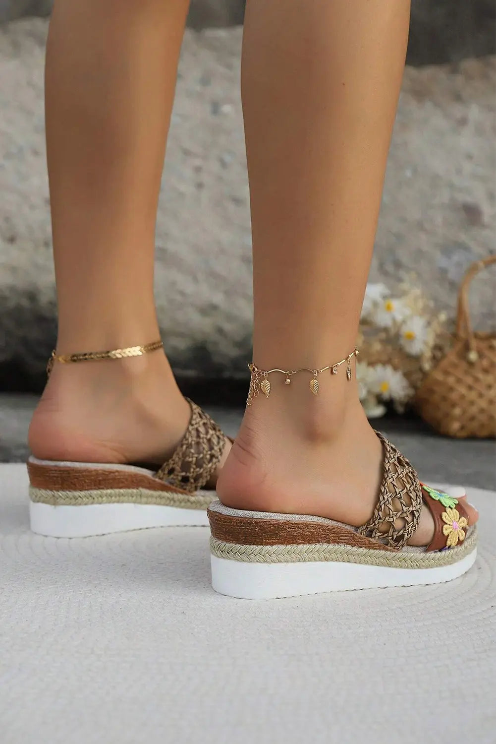 White Floral Print Braided Details Wedge Slippers Dear-Lover Dropshipping