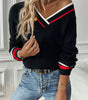 Black Contrast Striped Trim V Neck Drop Shoulder Sweater Dear-Lover Dropshipping