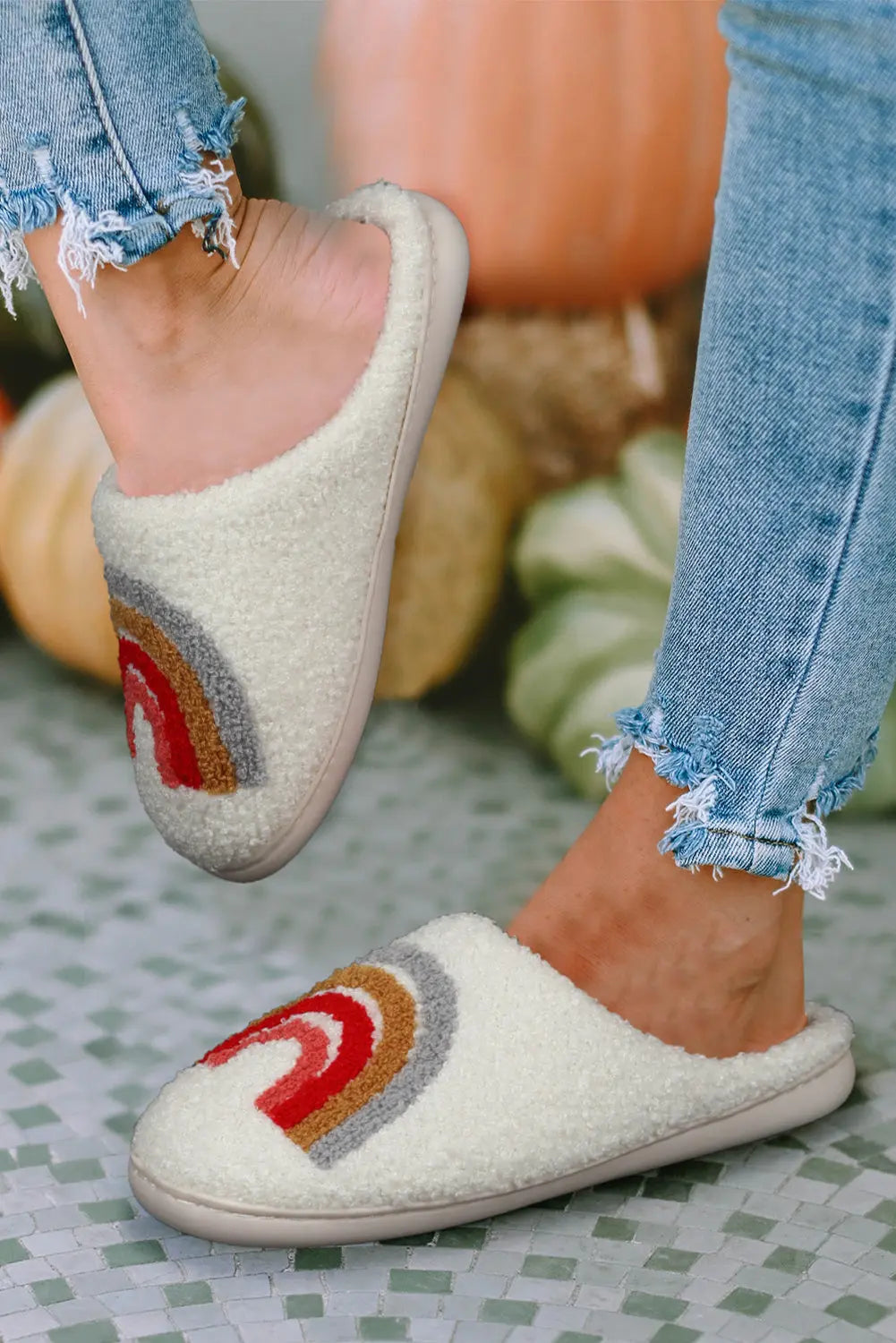Bright White Rainbow Plush Winter Home Slippers Dear-Lover Dropshipping