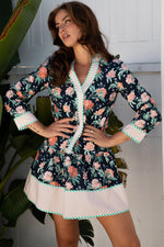 Blue Floral Print Striped Trim V Neck Long Sleeve Ruffle Hem Shift Mini Dress Markonline