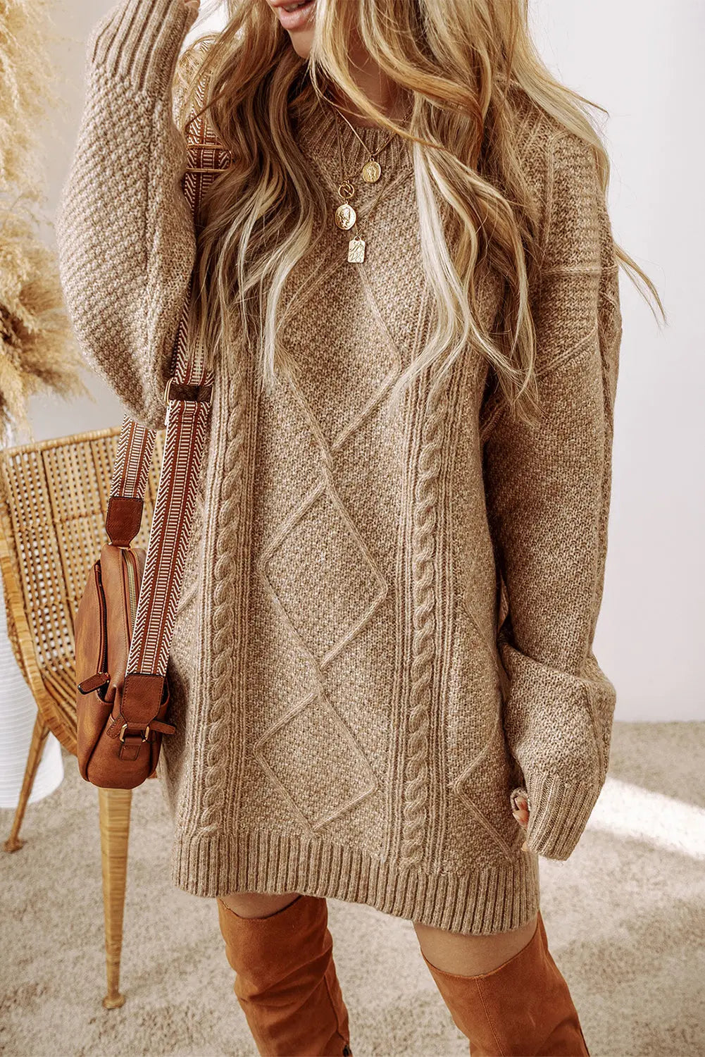 Parchment Cable Knit Drop Shoulder Loose Fit Sweater Dress Dear-Lover Dropshipping