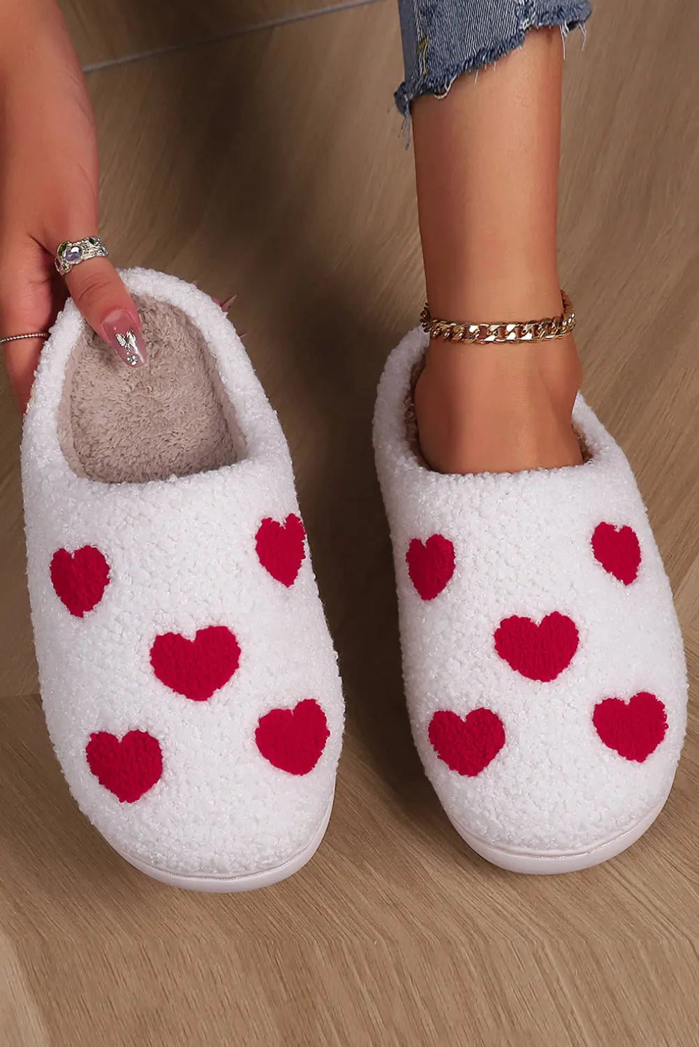 White Valentines Day Hearts Print Plush House Slippers Markonline