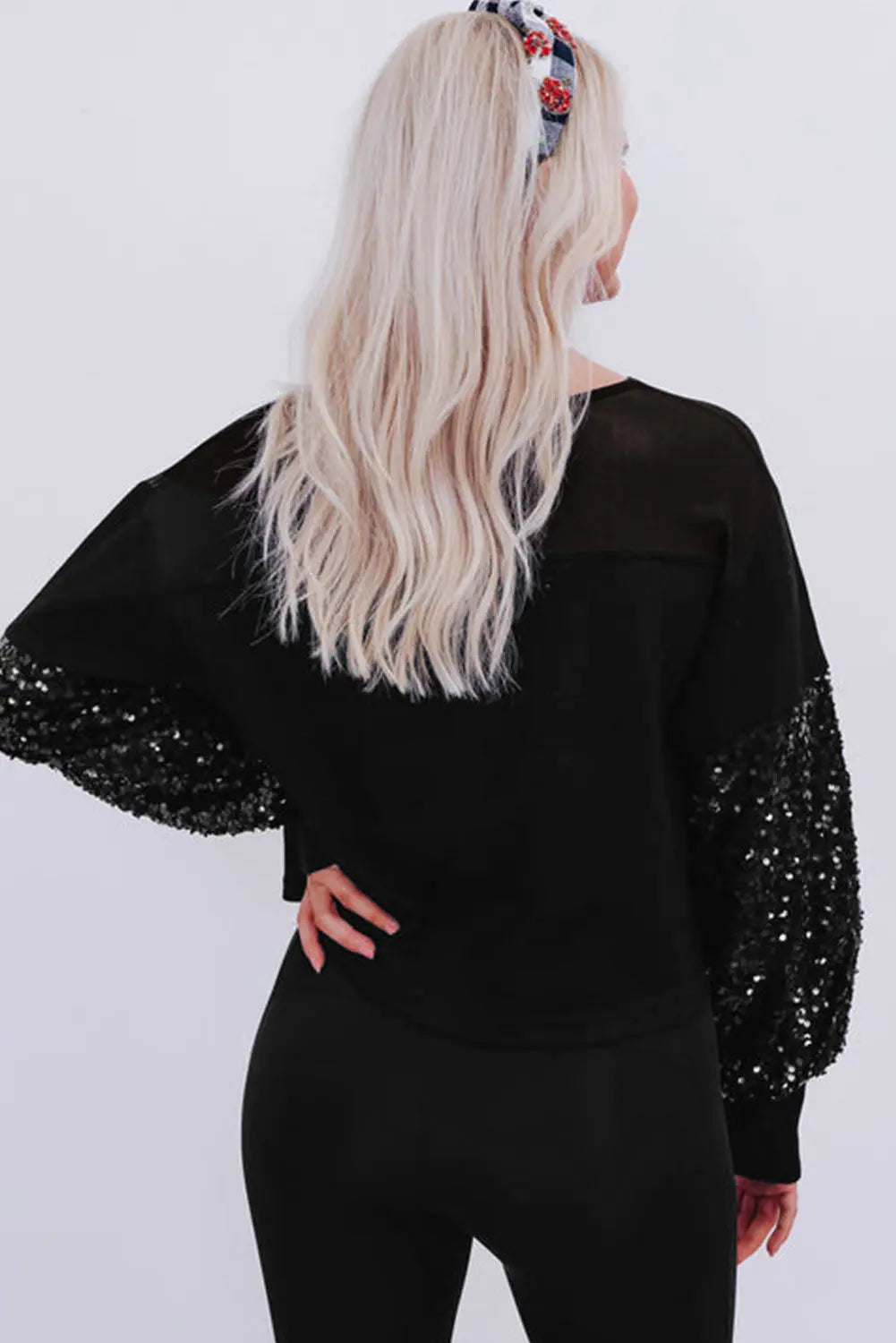 Black Sequin Patchwork Lantern Sleeve Blouse Dear-Lover Dropshipping