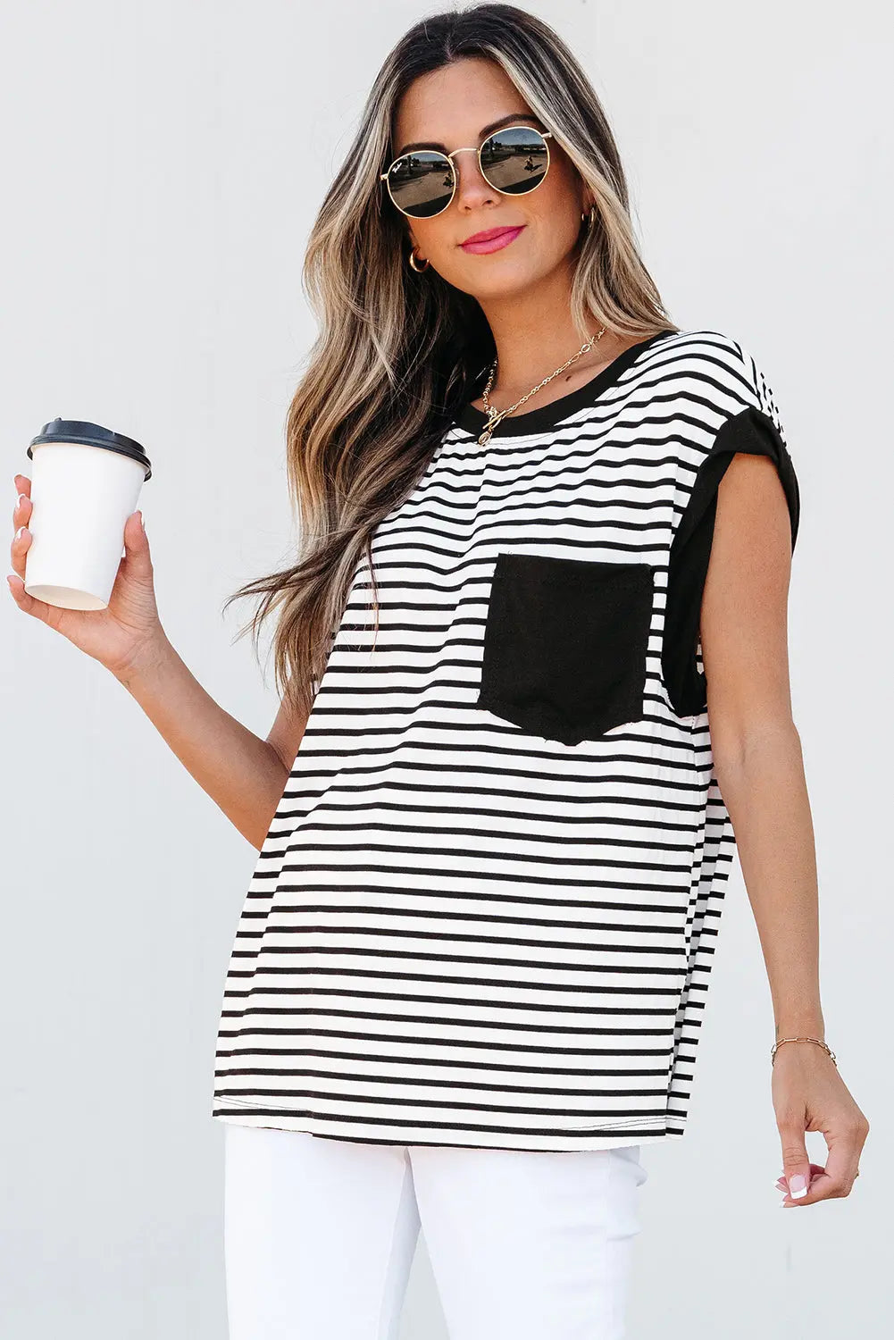 Black Stripe Chest Pocket Patch Round Neck Tank Top Dear-Lover Dropshipping