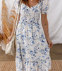 Sky Blue Smocked Bodice Short Puff Sleeve Tiered Floral Midi Dress Markonline
