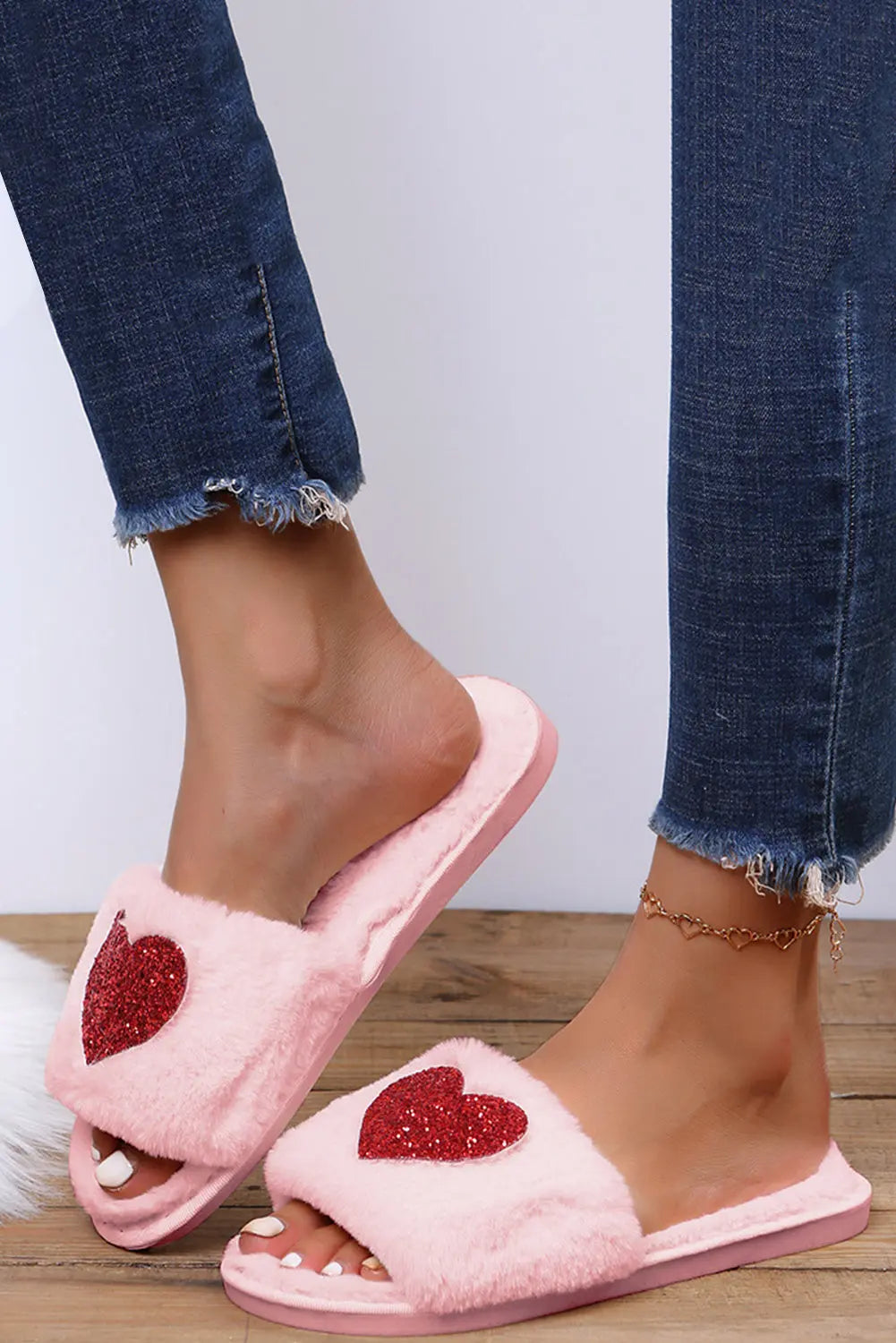 Pink Sequin Heart Shaped Slip On Plush Slippers Dear-Lover Dropshipping