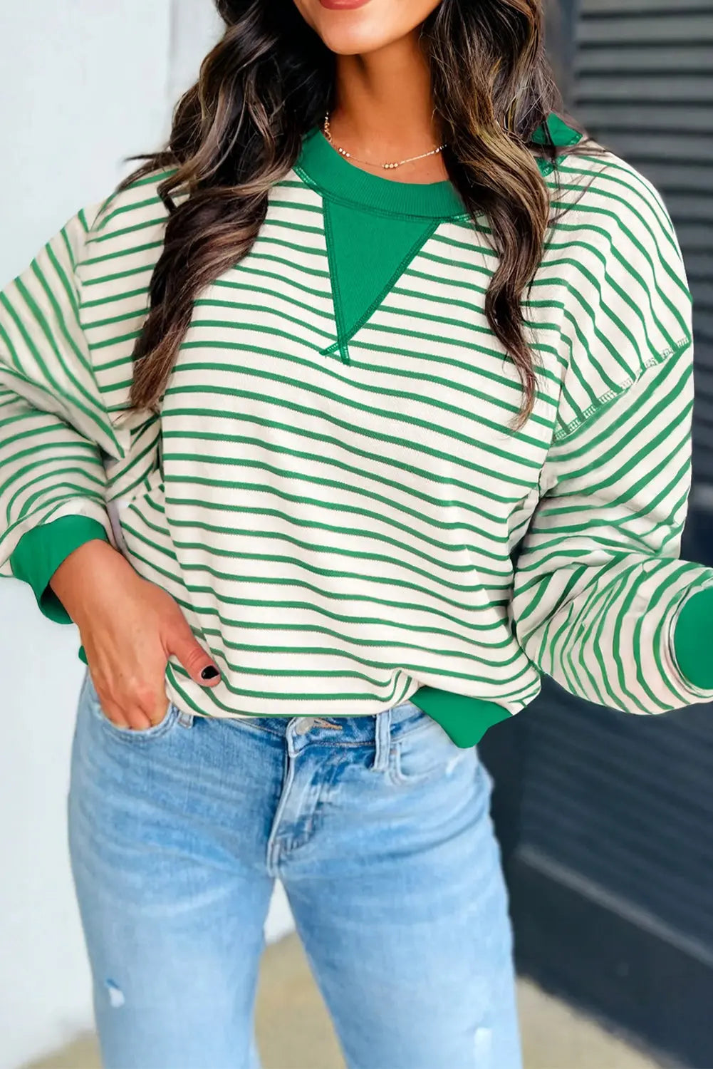 Bright Green Striped Exposed Seam Patchwork Loose Pullover Top Markonline