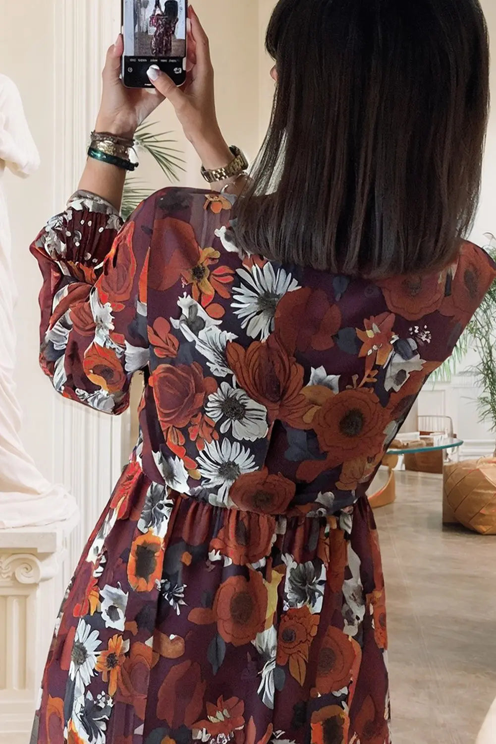 Red Floral Print Wrap V Neck Puff Sleeve Flowy Mini Dress Markonline