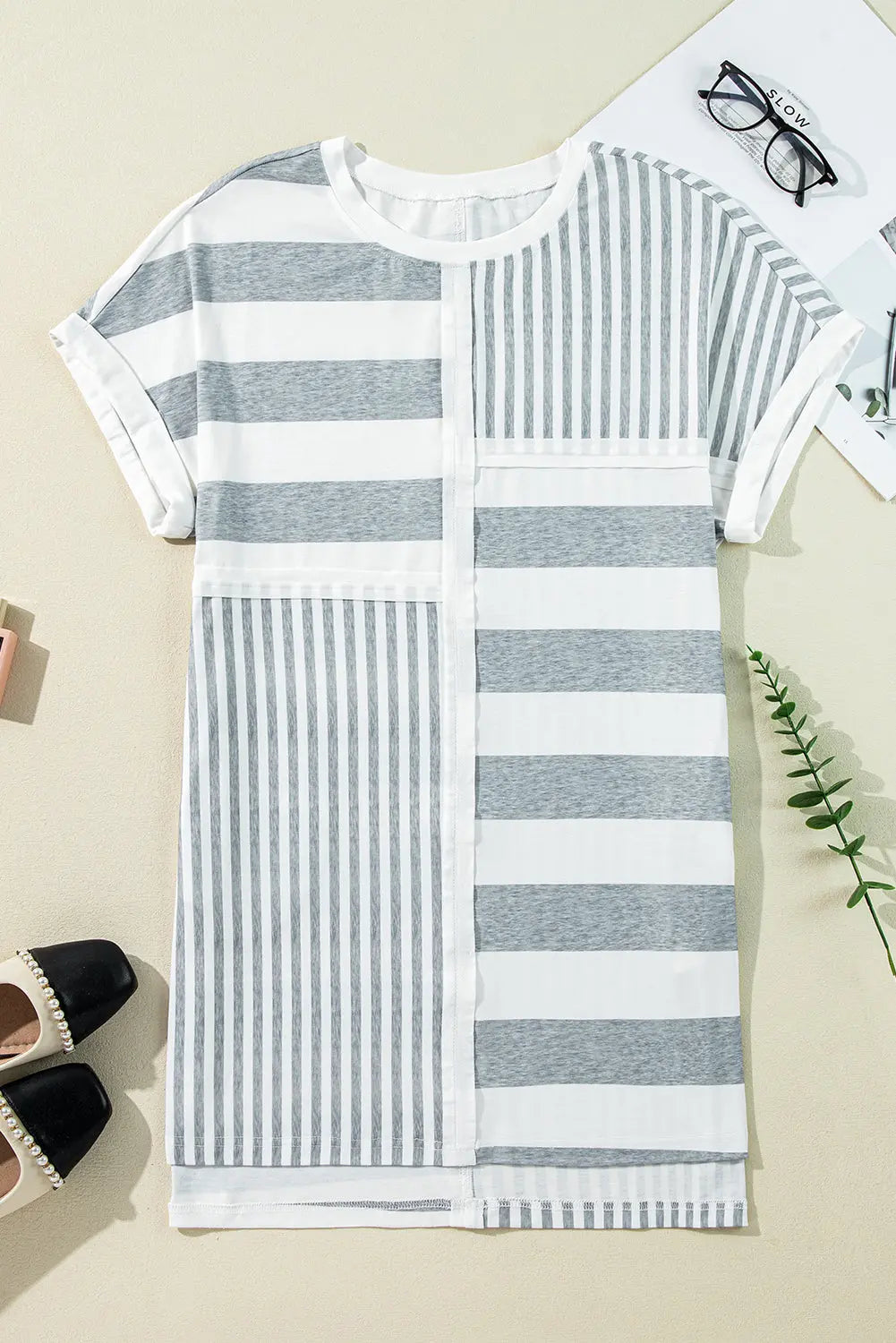 Gray Stripe Mixed Printed Short Sleeve Shift Mini T Shirt Dress Markonline