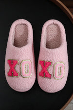 Pink XO XO Glitter Trim Letter Patched Plush House Slippers Markonline