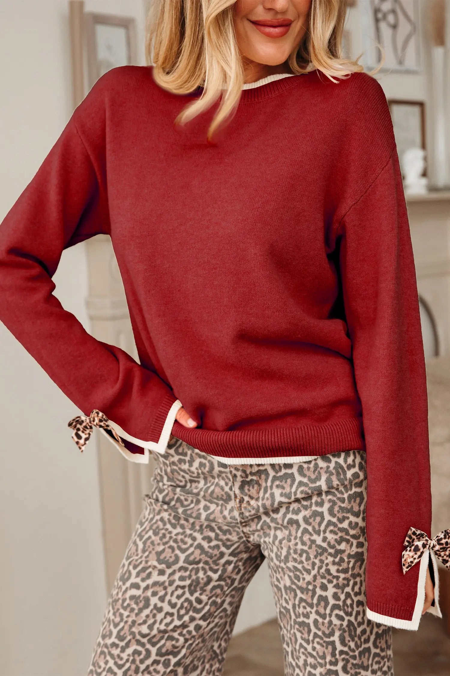 Racing Red Leopard Bow Decor Split Cuff Contrast Trim Sweater Dear-Lover Dropshipping