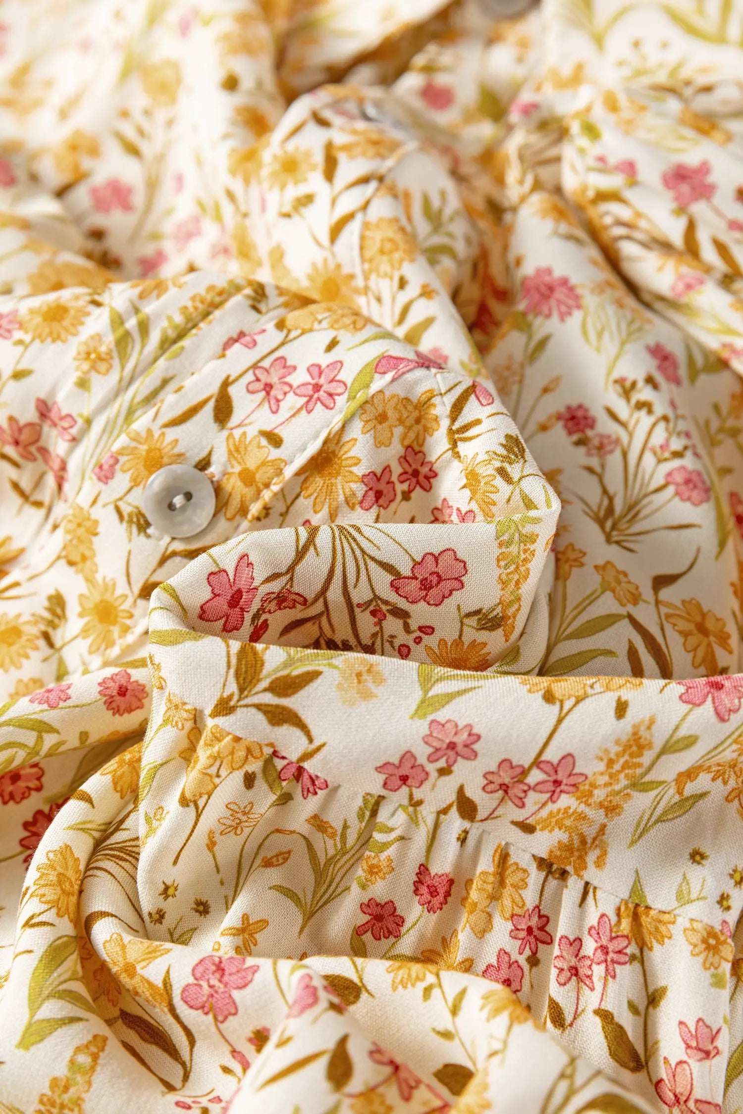 Yellow Floral Print Frilly Trim Smocked Cuff Long Sleeve Loose Shirt Dress Markonline