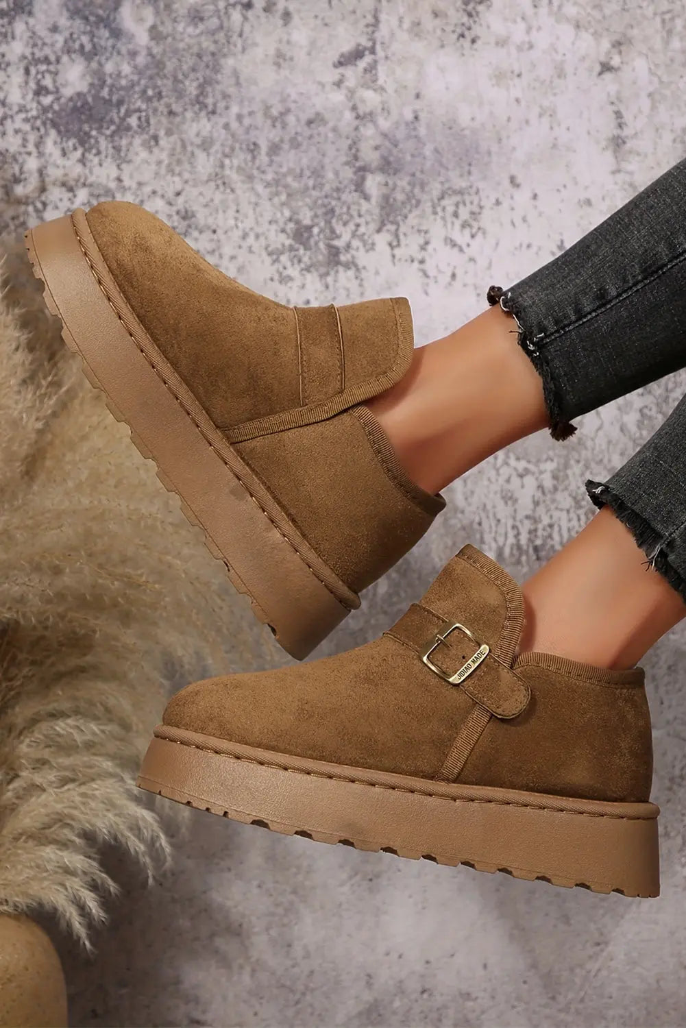 Coffee Buckle Detail Round Toe Platform Cozy Winter Boots Dear-Lover Dropshipping