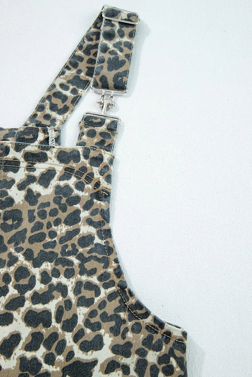 Gray Leopard Print Pocketed Loose Fit Denim Overall Dress Markonline