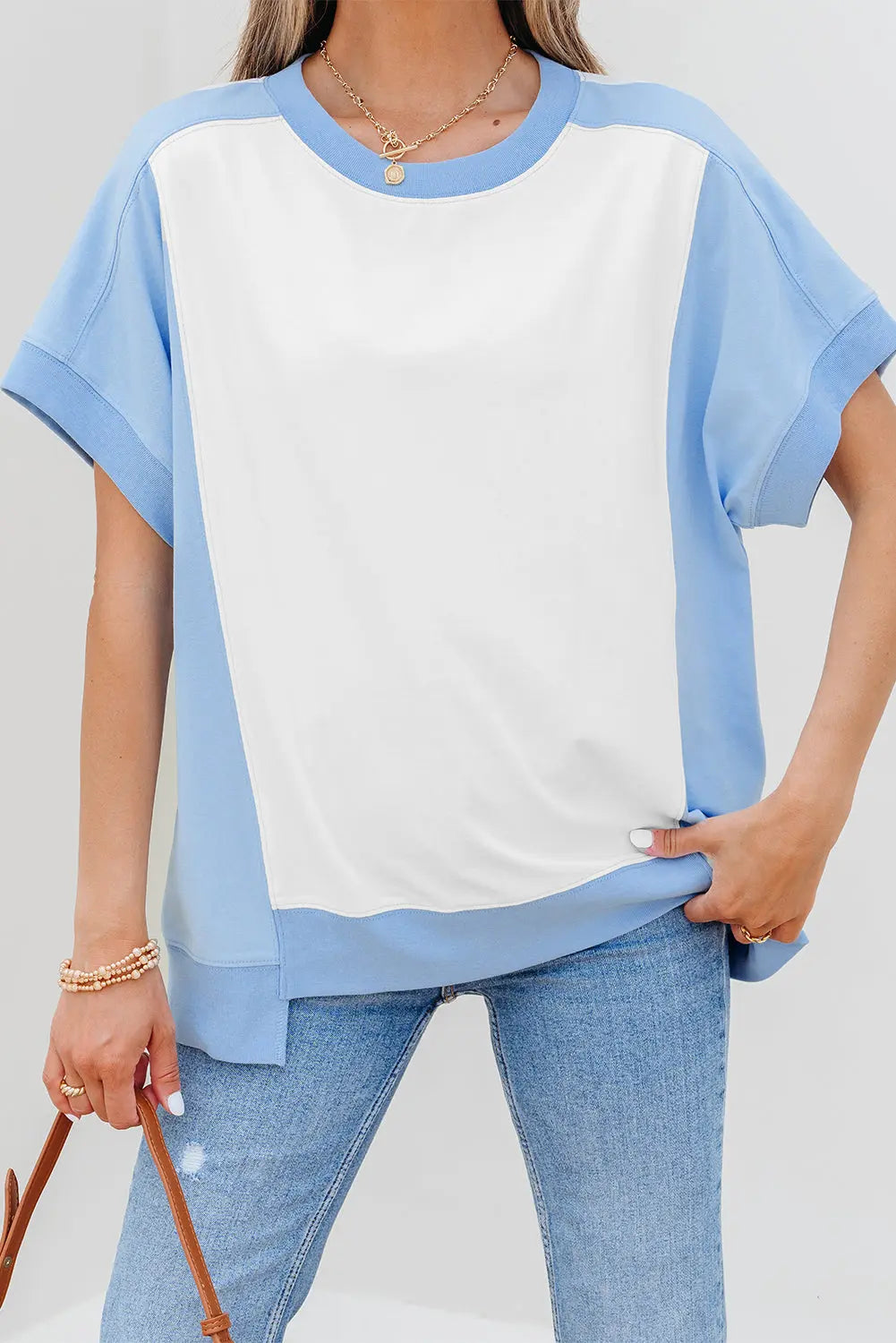 Sky Blue Color Block Exposed Seam Crew Neck T Shirt Markonline