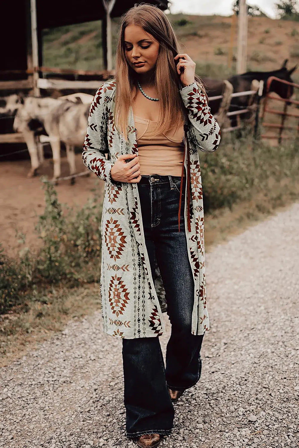 Brown Western Aztec Printed Open Front Long Cardigan Dear-Lover Dropshipping