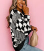 Black Checkered Print Drop Shoulder Round Neck Sweater Dear-Lover Dropshipping