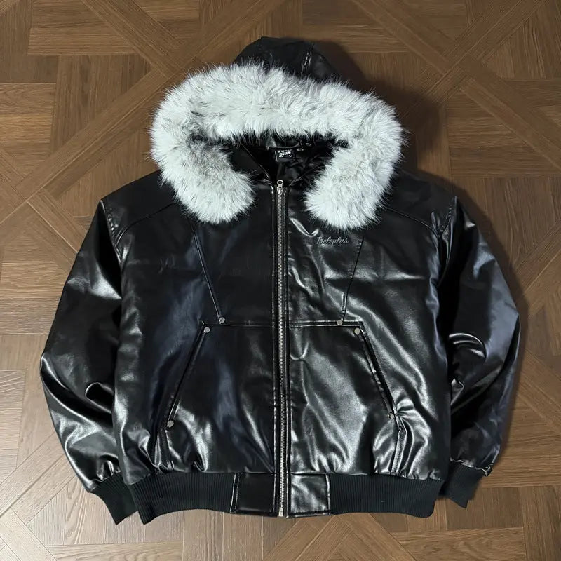 Street Retro Detachable Fur Collar Hooded PU Leather Parka Coat for Men and Women, Loose Oversized Design, Unique Style Winter Jacket