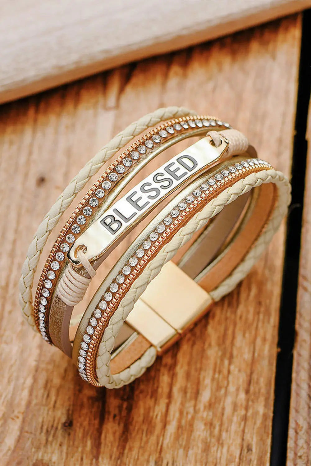 Beige BLESSED Rhinestone Braided Detail Buckle Bracelet Dear-Lover Dropshipping