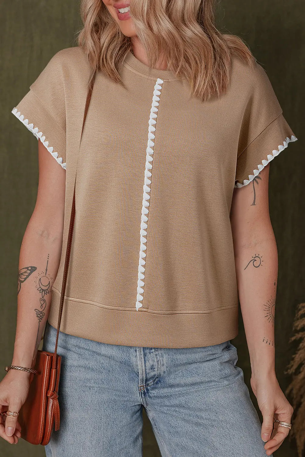 Straw Yellow Ric Rac Color Contrast Ribbed Edge Crewneck T Shirt