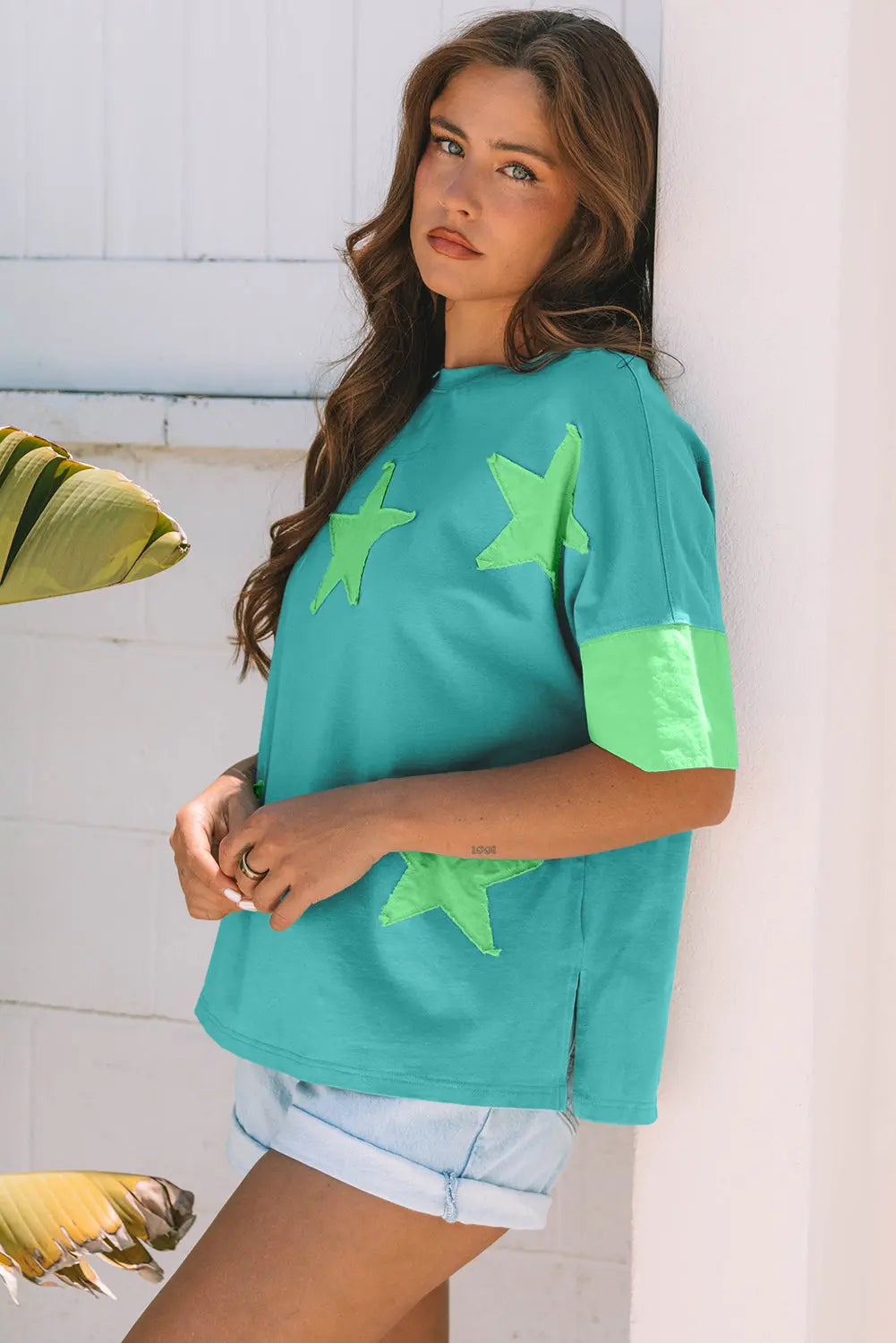 Aruba Blue Frayed Denim Star Patched Oversize T Shirt Markonline