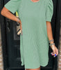 Mint Green Corded Knit Crew Neck Puff Sleeve Shift Mini Dress Markonline