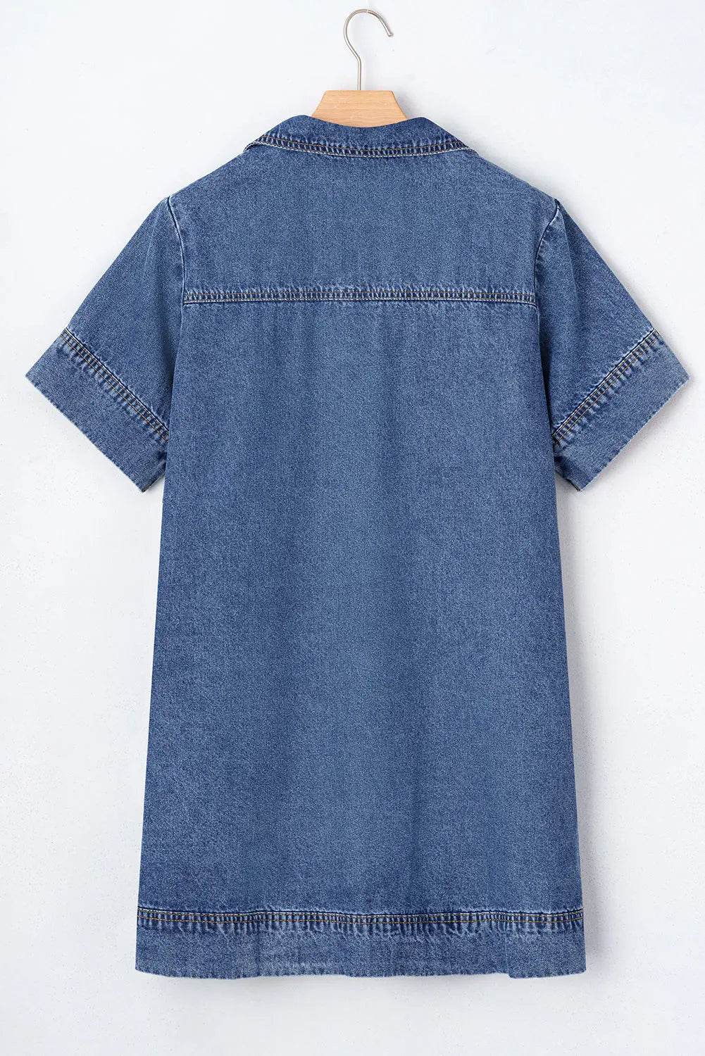 Blue Short Sleeve Collared Patched Pocket Denim Mini Dress Markonline