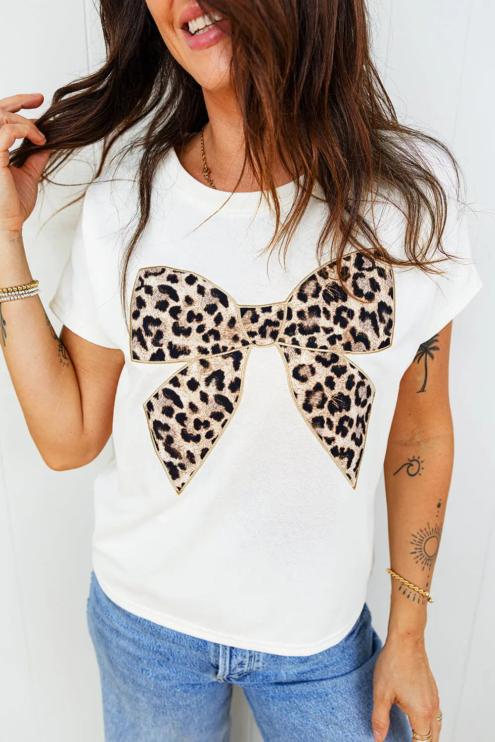 White Leopard Bow Embroidered Cotton Round Neck T Shirt Markonline