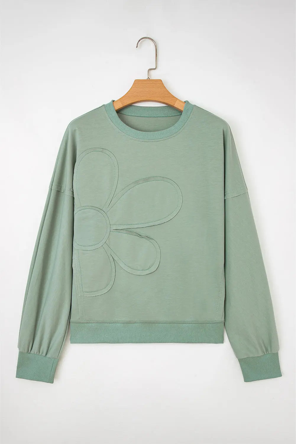 Smoke Green Raw Edge Flower Patch Drop Shoulder Casual Top Markonline