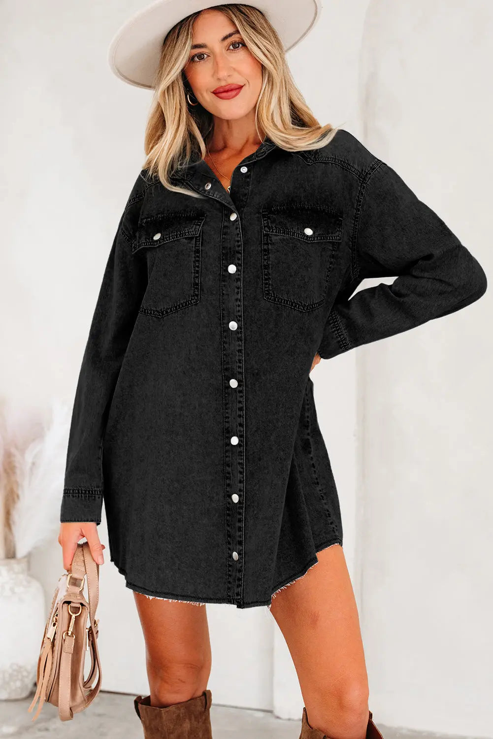 Medium Grey Beau Chest Pocket Raw Hem Denim Loose Shirt Dress Markonline