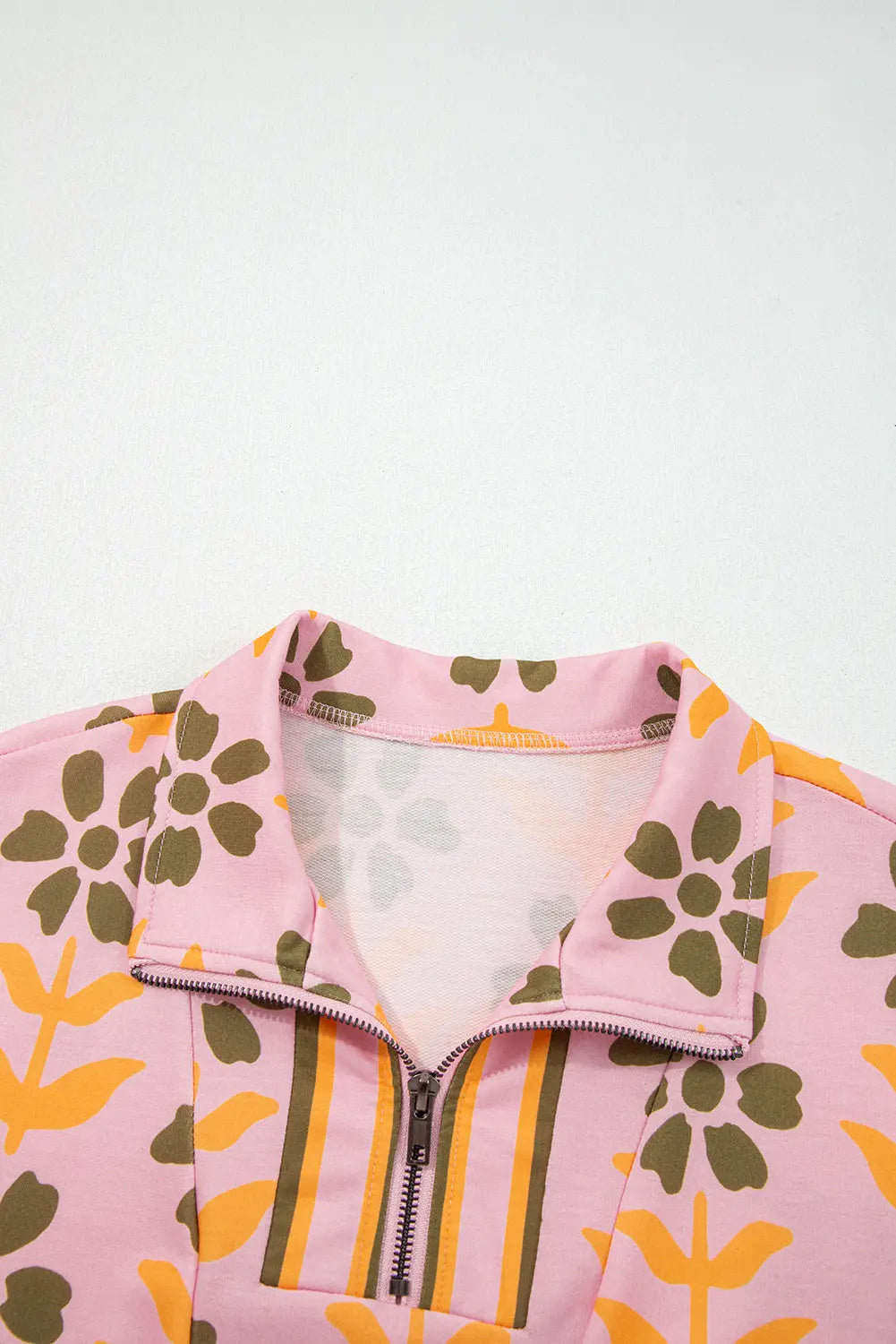 Pink Floral Print Zip Neck Striped Patchwork Long Sleeve Drawstring Dress Markonline