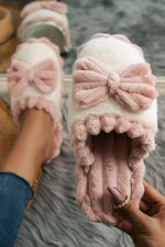 Fushia Bow Decor Color Block Ribbed Plush Slippers Markonline