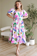 Purple Abstract Print Puff Sleeve Smocked Back Midi Dress Markonline