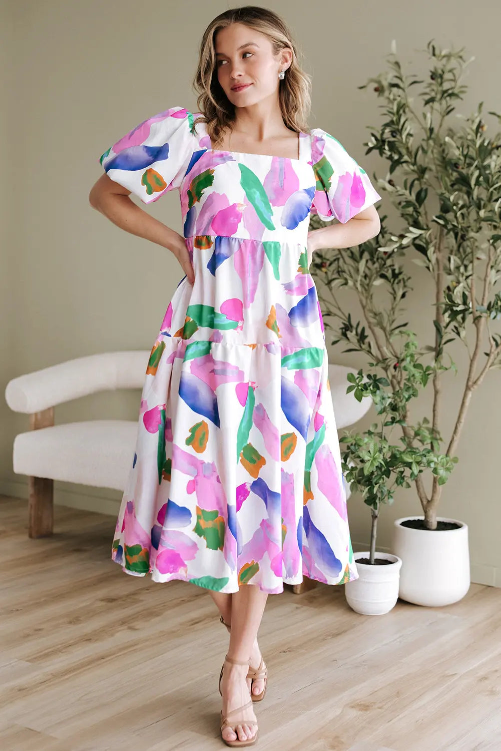 Purple Abstract Print Puff Sleeve Smocked Back Midi Dress Markonline