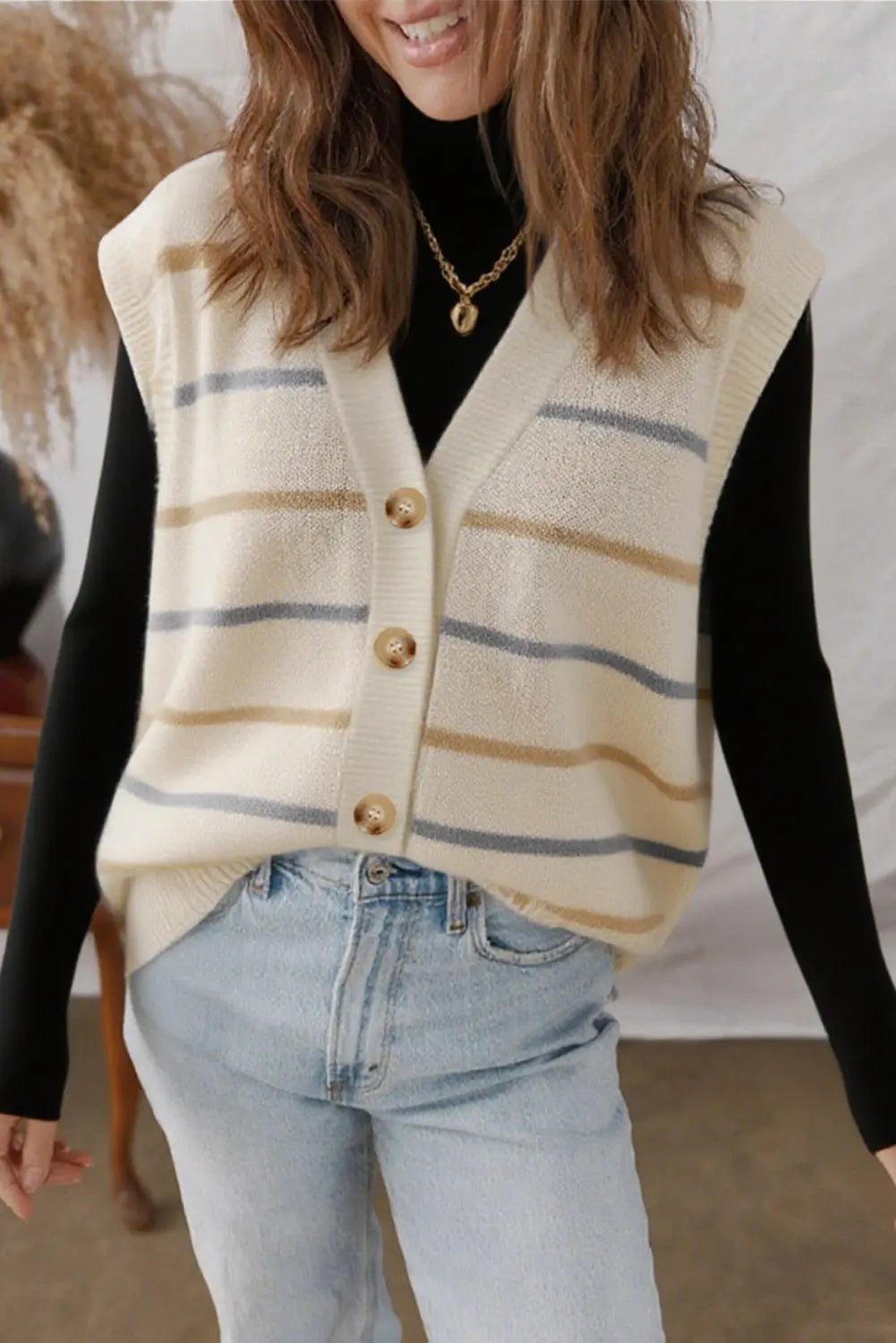 Multicolour Striped Print Button V Neck Sweater Vest Dear-Lover Dropshipping
