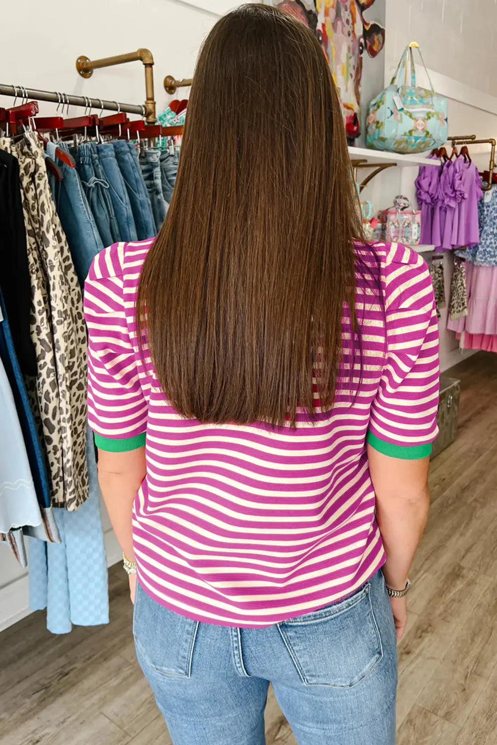 Rose Stripe Short Puff Sleeve Contrast Trim Round Neck Tee Markonline