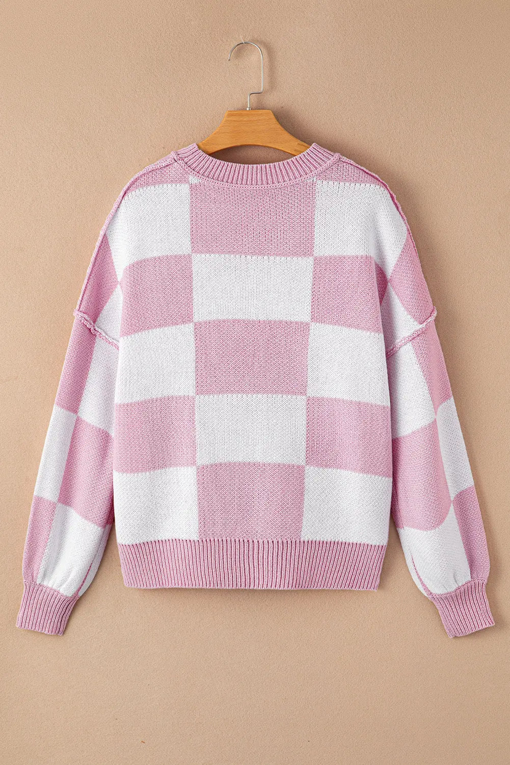 Pink Checkered Bishop Sleeve Sweater Dear-Lover Dropshipping