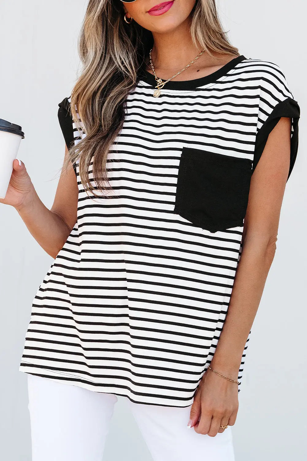 Black Stripe Chest Pocket Patch Round Neck Tank Top Dear-Lover Dropshipping