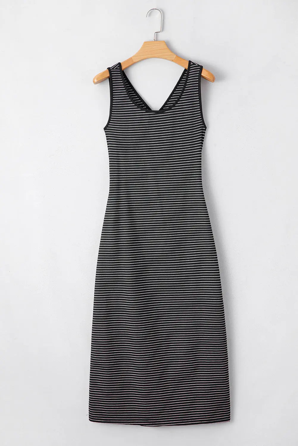 Black Stripe Criss Cross Side Slits Slim Fit Sleeveless Midi Dress Markonline