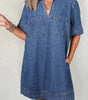 Blue Short Sleeve Collared Patched Pocket Denim Mini Dress Markonline