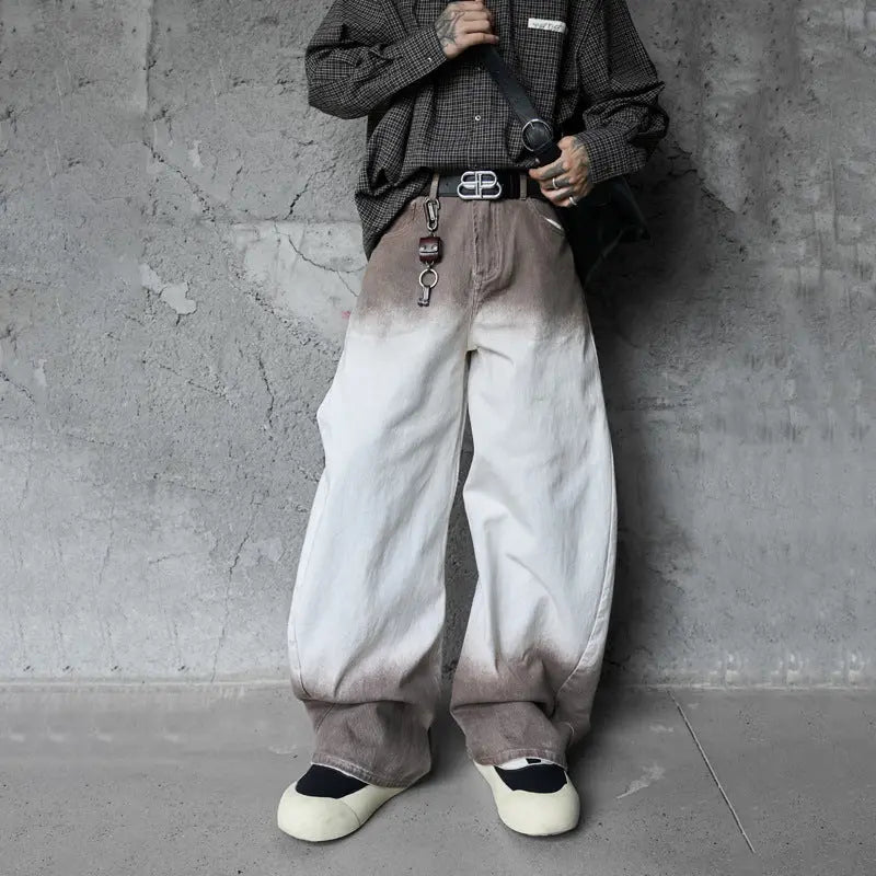 Retro Style Washed Ombre Color Knife-Edge Jeans for Men and Women,  Loose Floor-Length Wide Leg Pants Markonline