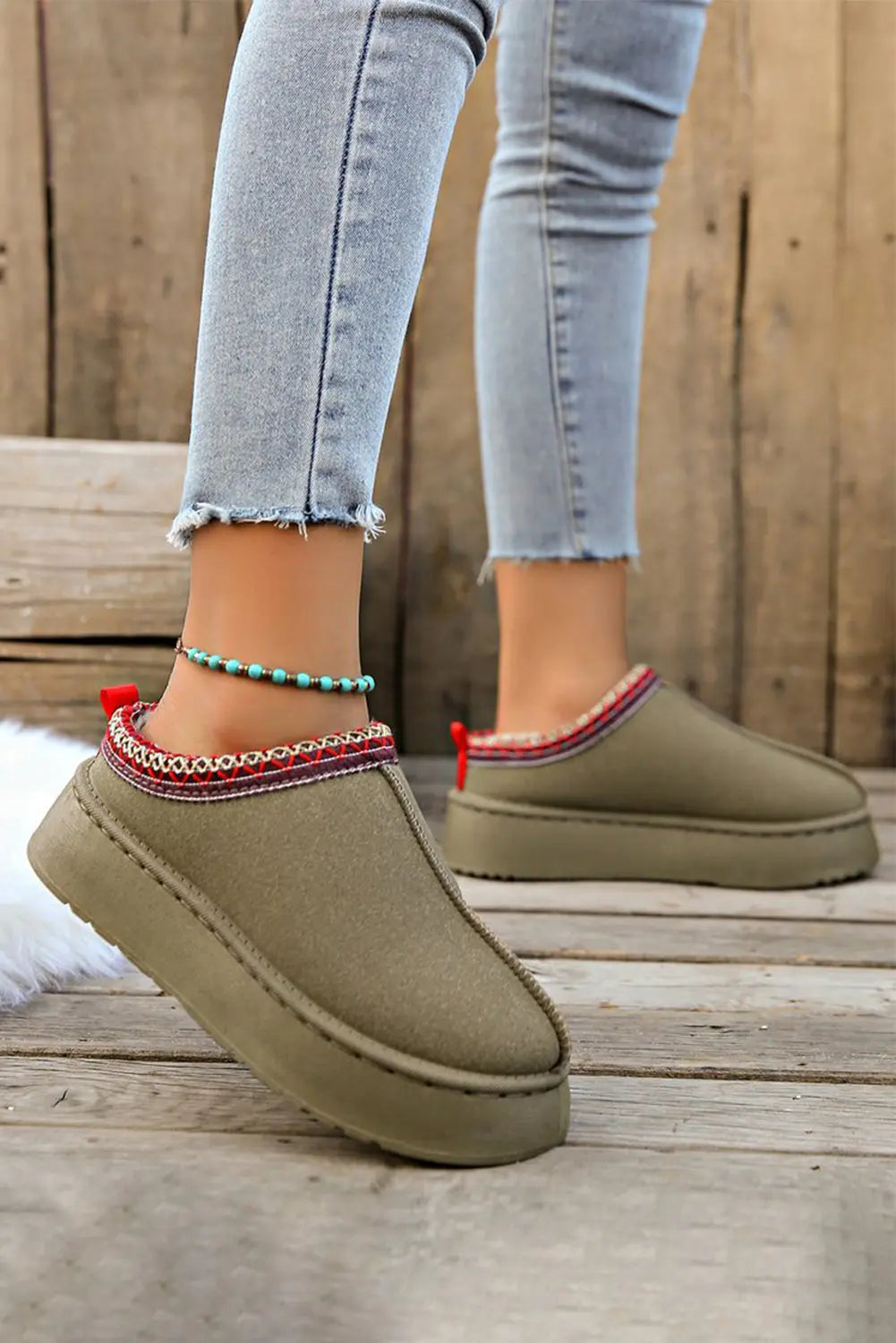 Sage Green Contrast Print Suede Plush Lined Snow Boots Dear-Lover Dropshipping