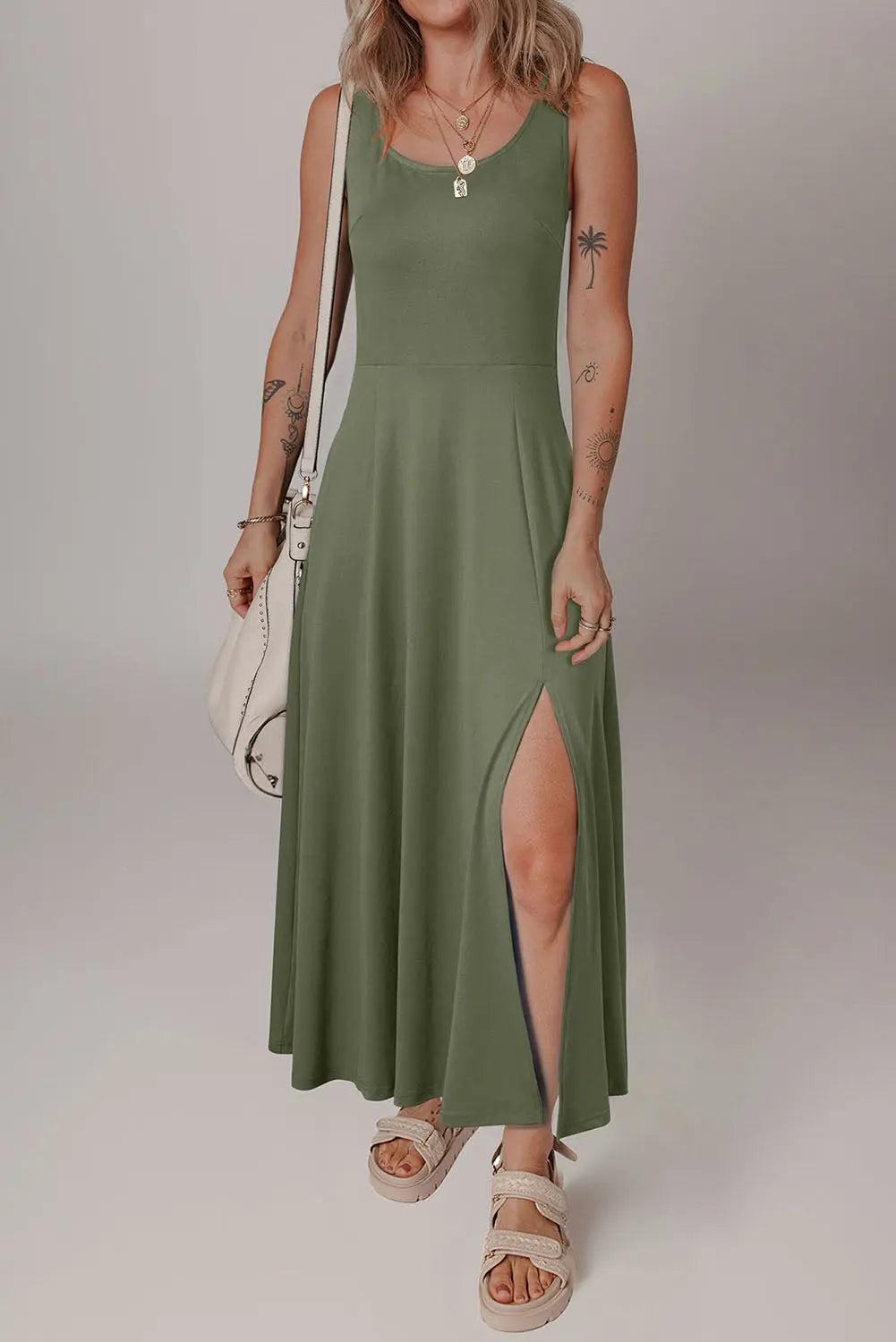 Four Leaf Clover Sleeveless Scoop Neck Flared Split Midi Dress