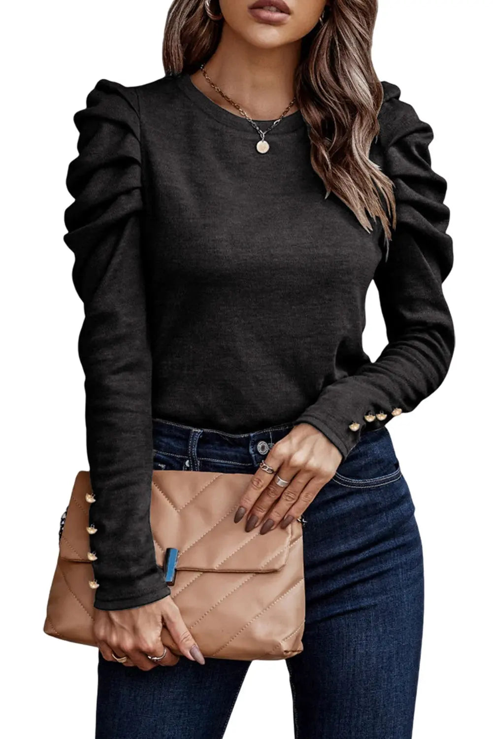 Black Buttoned Puff Long Sleeve Sheath Top Dear-Lover Dropshipping