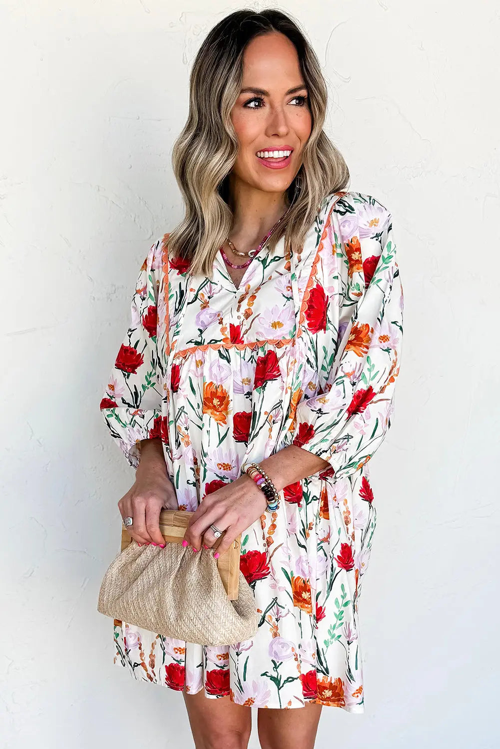 Beige Floral Print 3/4 Puff Sleeve Ricrac Trim Mini Dress Markonline