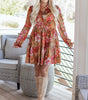 Brown Vintage Floral Print Shirt Style Half Button Long Sleeve Ruffle Mini Dress Markonline