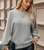 Gray Ribbed Knit Round Neck Long Lantern Sleeve Top Dear-Lover Dropshipping