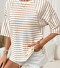 Apricot Stripe Textured Knit Split Hem Half Sleeve Loose Top Markonline